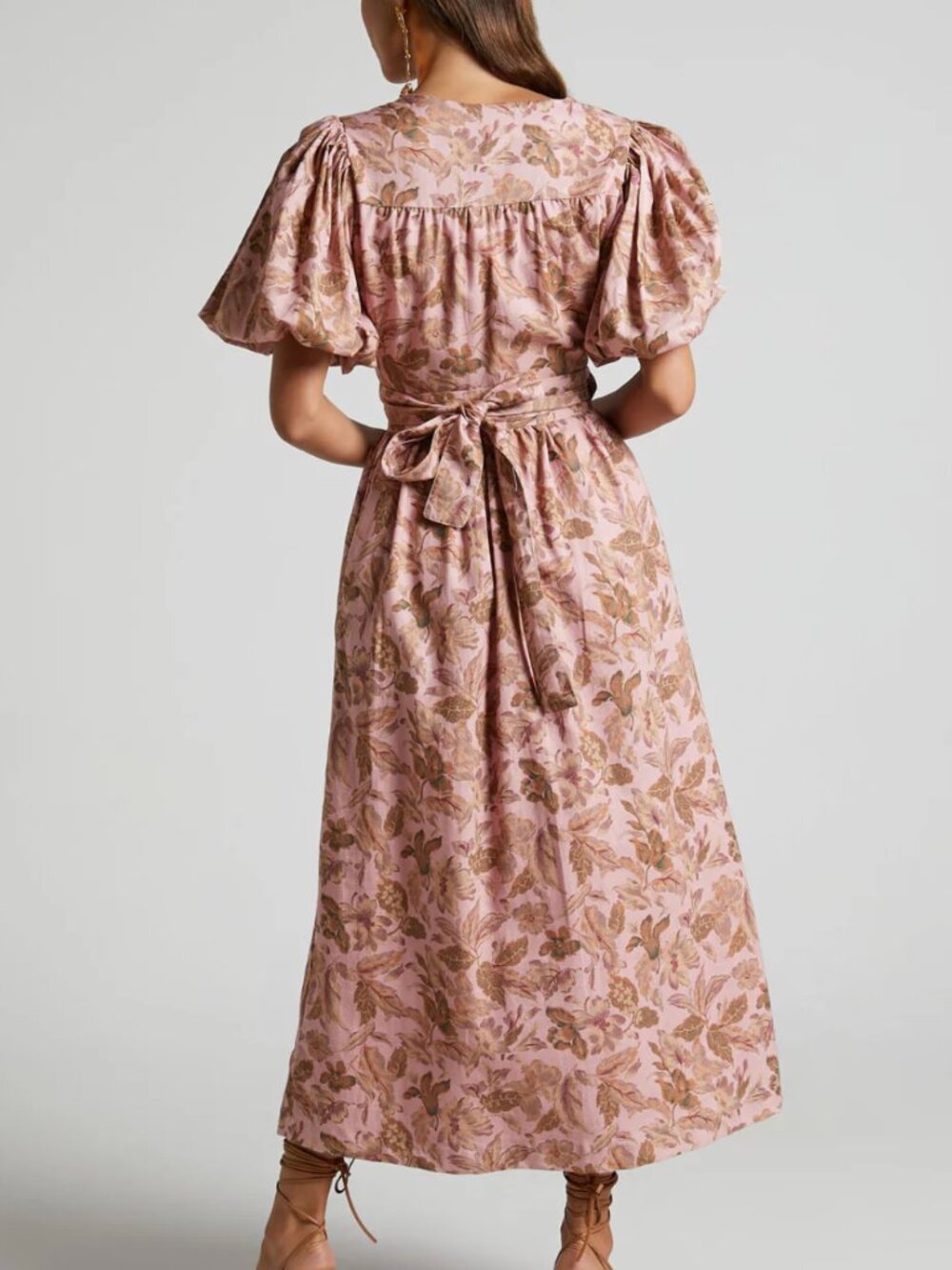 Amalie The Label Franc Linen Blend Puff Sleeve Wrap Midi Dress US 10 Pink Floral - Picture 3 of 11